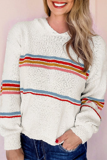 White Multicolored Striped Accent Hooded Popcorn Sweater - eAura