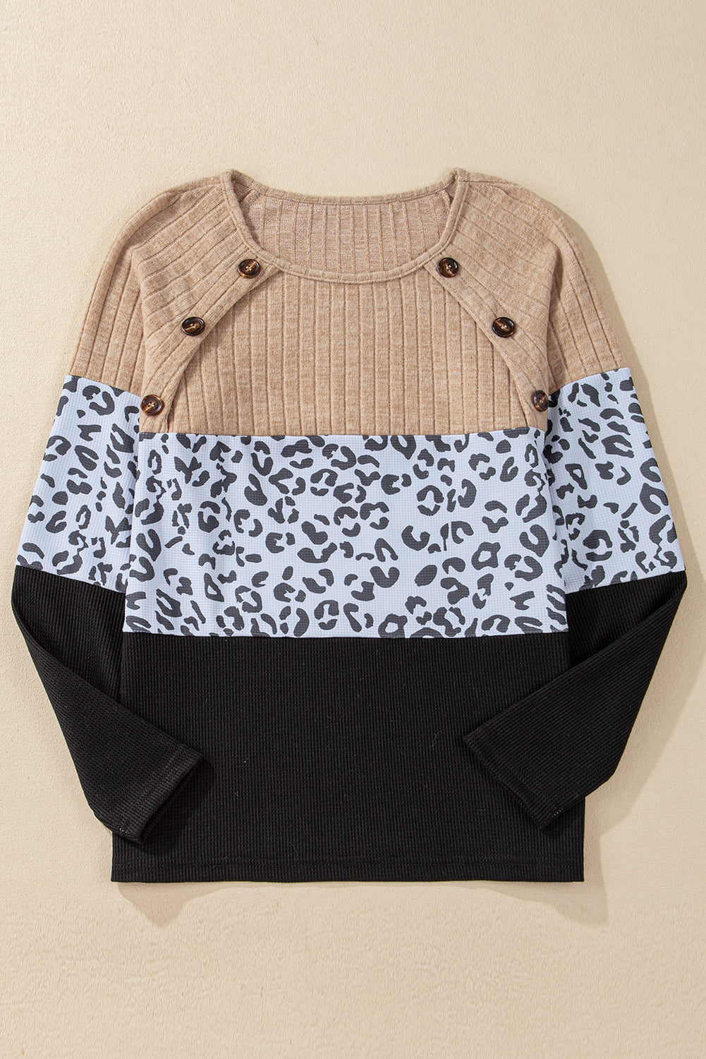 Grey Cheetah Textured Patchwork Buttoned Round Neck T Shirt eAura