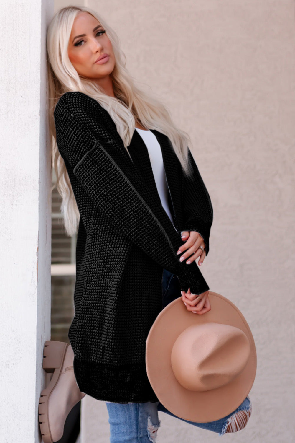 Apricot Plaid Knitted Long Open Front Cardigan eAura