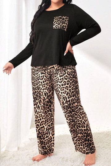 Black Leopard Patched Pocket Long Sleeve Top Plus Size Trousers Set BB Fashion Outlet