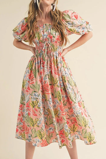 Apricot Pink Floral Smocked Bust Bubble Short Sleeve Maxi Dress eAura
