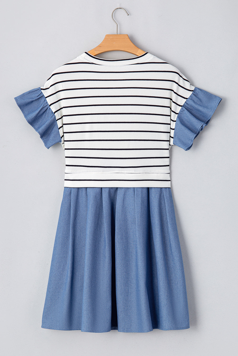 Black Stripe Ruffle Denim Patchwork Round Neck Mini Dress eAura