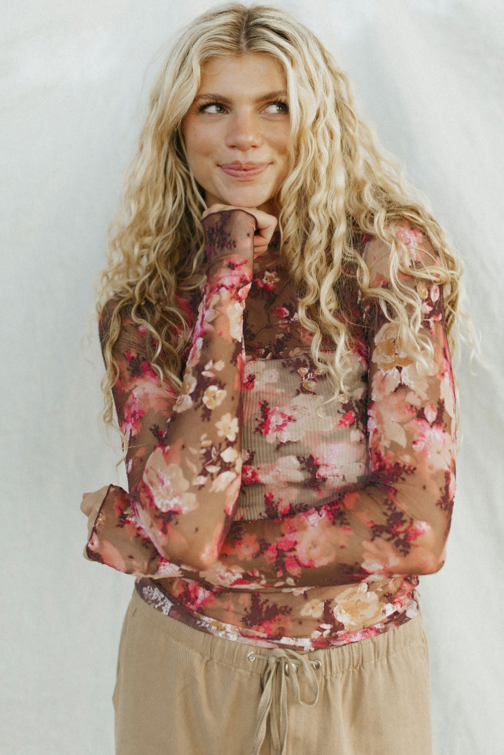 Red Floral Print Sheer Mesh Long Sleeve Top eAura