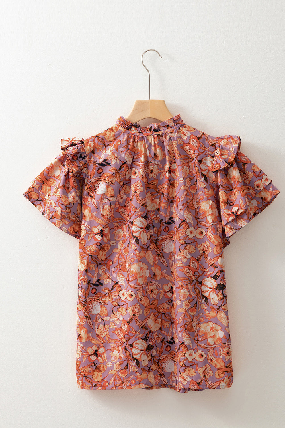 Orange Floral Print Ruffled Flutter Sleeve Frilled V Neck Blouse eAura