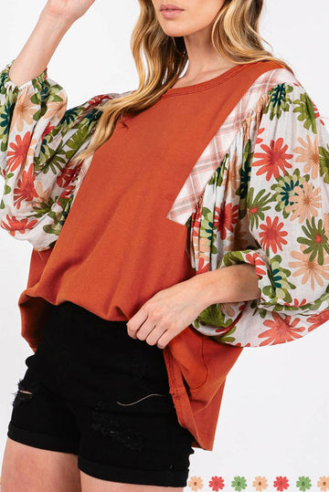 Desert Gold Floral Puff Sleeve Patchwork Round Neck Blouse eAura