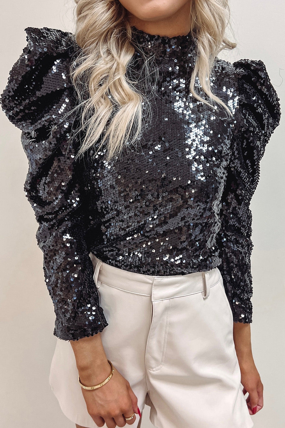 Apricot Sequin Mock Neck Bubble Sleeve Top eAura