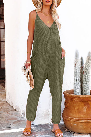 Textured Sleeveless V-Neck Pocketed Casual Jumpsuit eAura