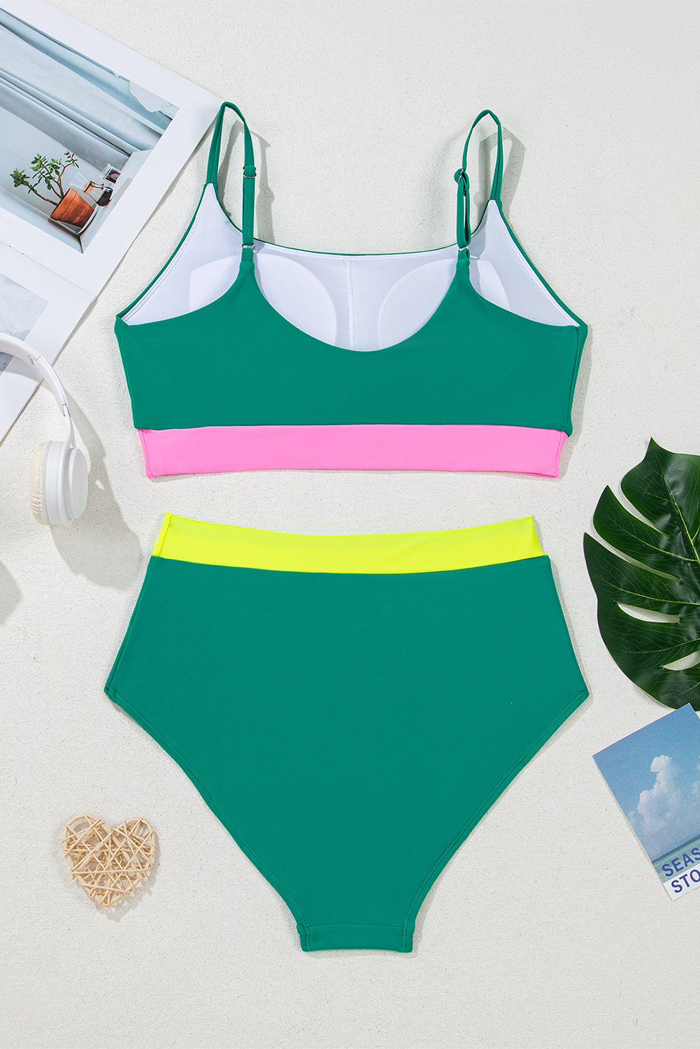 Sea Green Contrast Trim Colourblock Patchwork High Waisted Bikini eAura