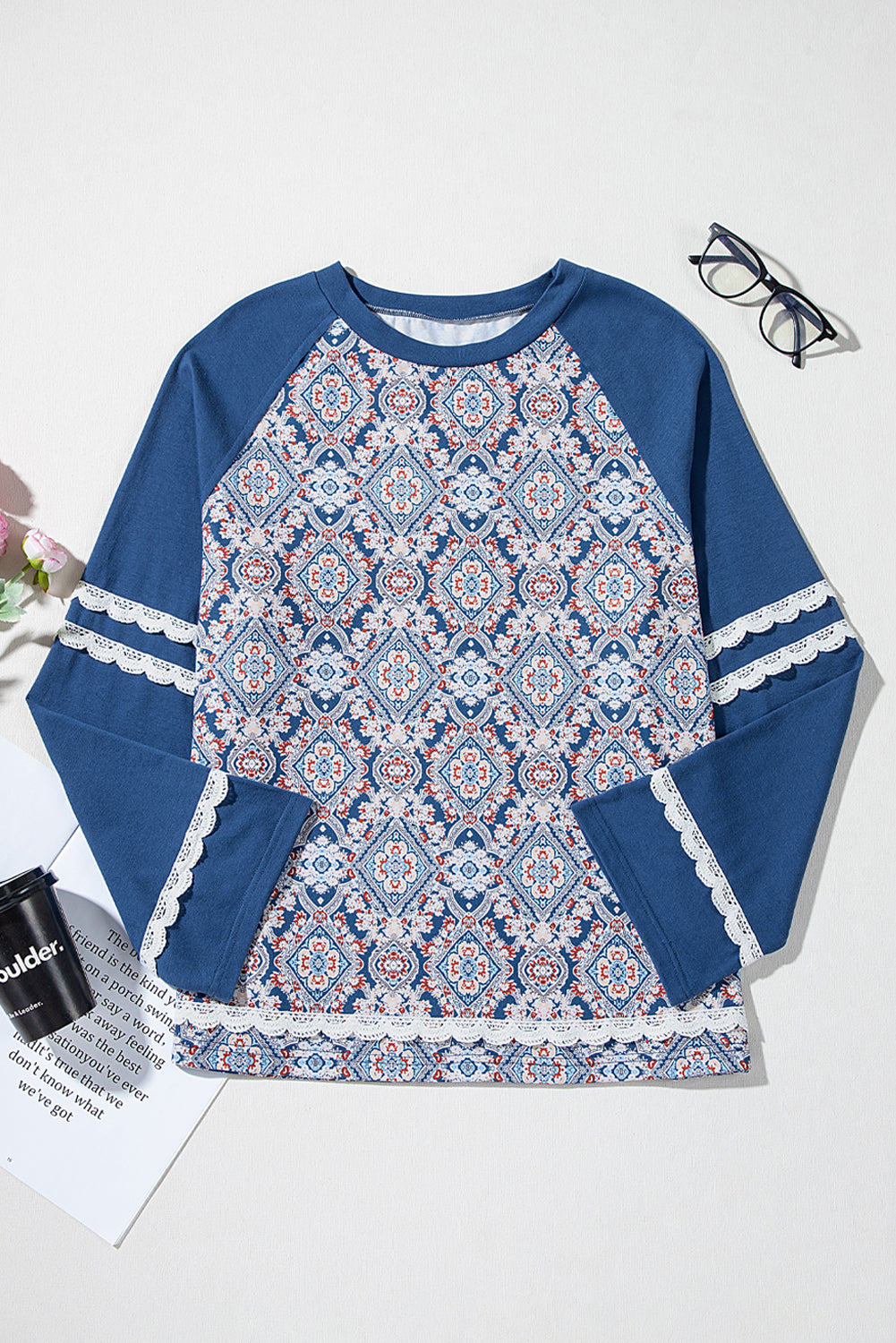 Blue Geometric Printed Lace Patchwork Ric Rac Raglan Long Sleeve Top eAura