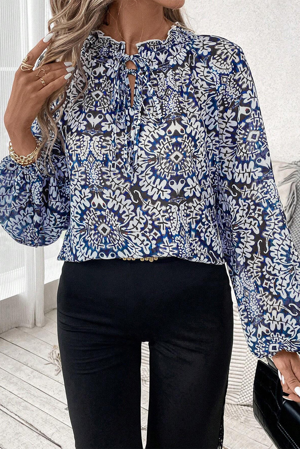 Blue Tribal Print Lace-up Frilled Neck Puff Sleeve Blouse eAura