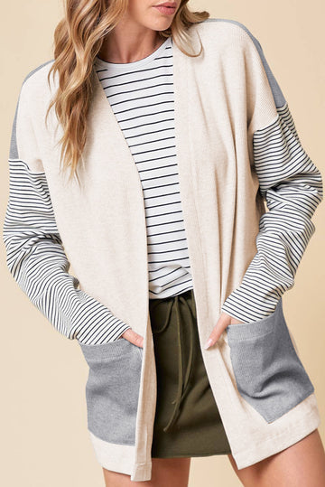 Black Stripe Colourblock Patchwork Open Front Cardigan with Pocket eAura