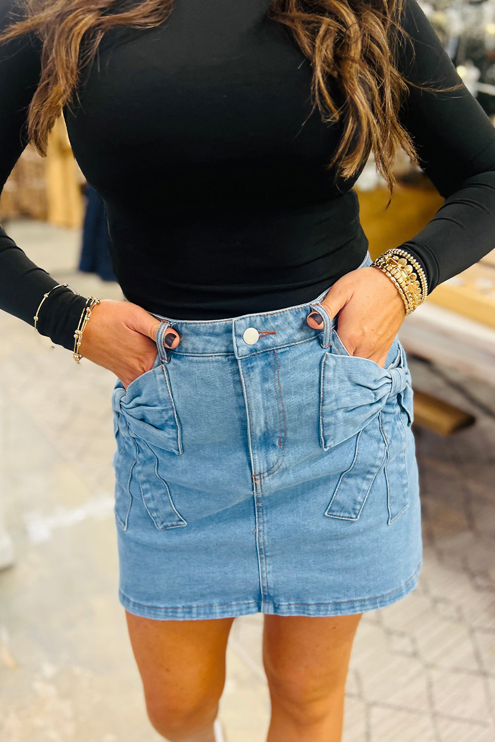 Dusk Blue Acid Wash Bowknot Details High Waist Denim Skirt eAura
