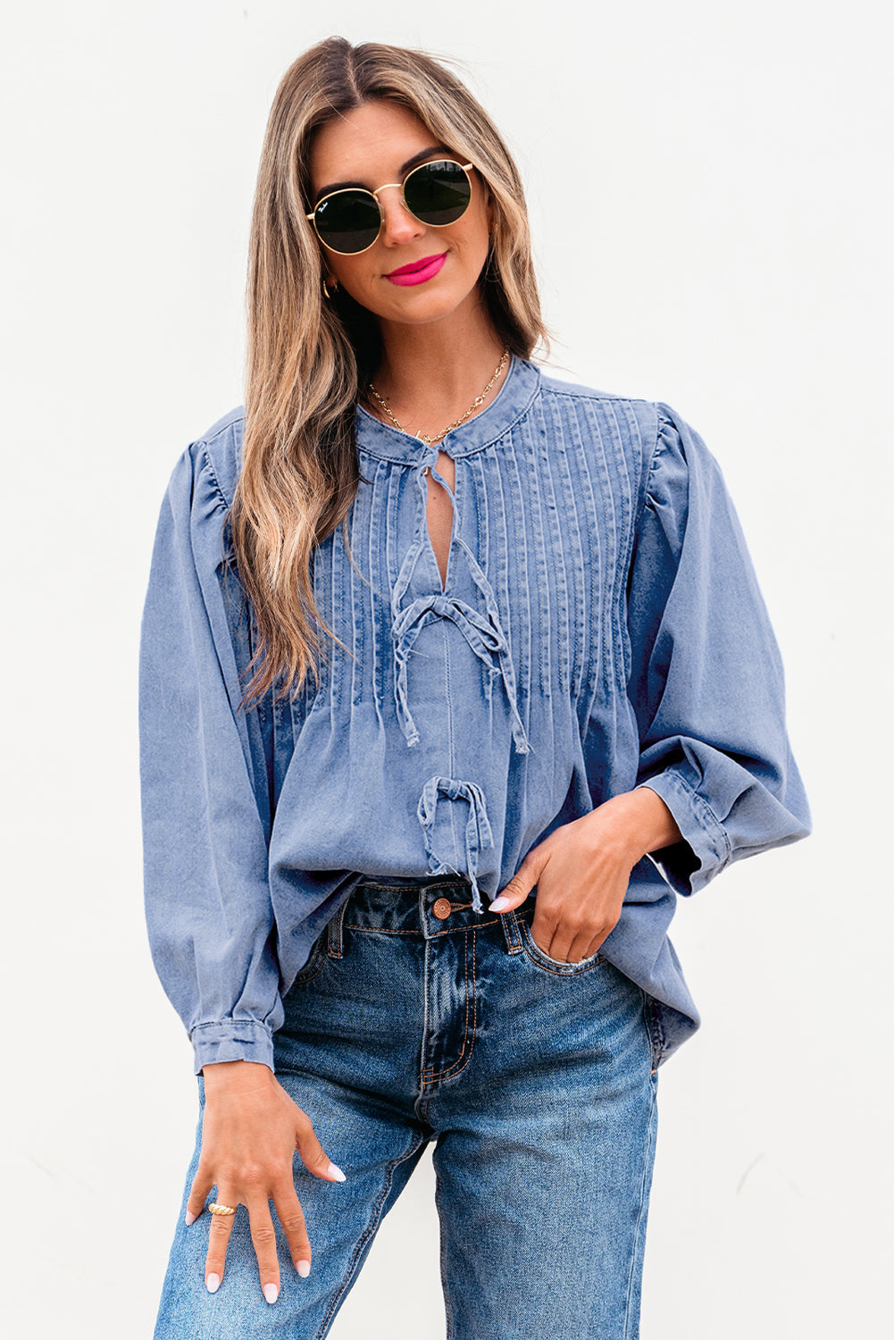 Myosotis Denim Front Pintuck Bow Tie Puff Sleeve Top eAura