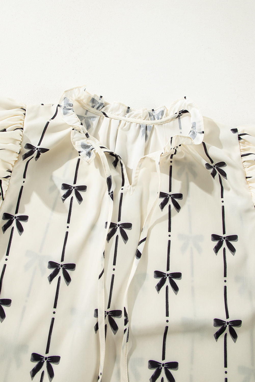 Beige Bow Printed Ruffled Bubble Sleeve Tied Notched V Neck Blouse eAura
