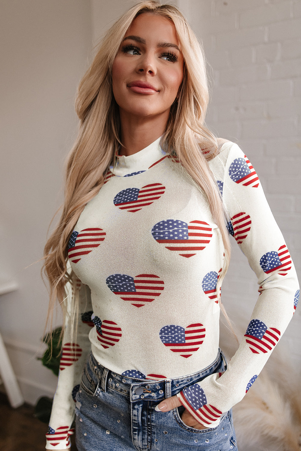 White Americana Glitter Mesh Long Sleeve Bodysuit eAura