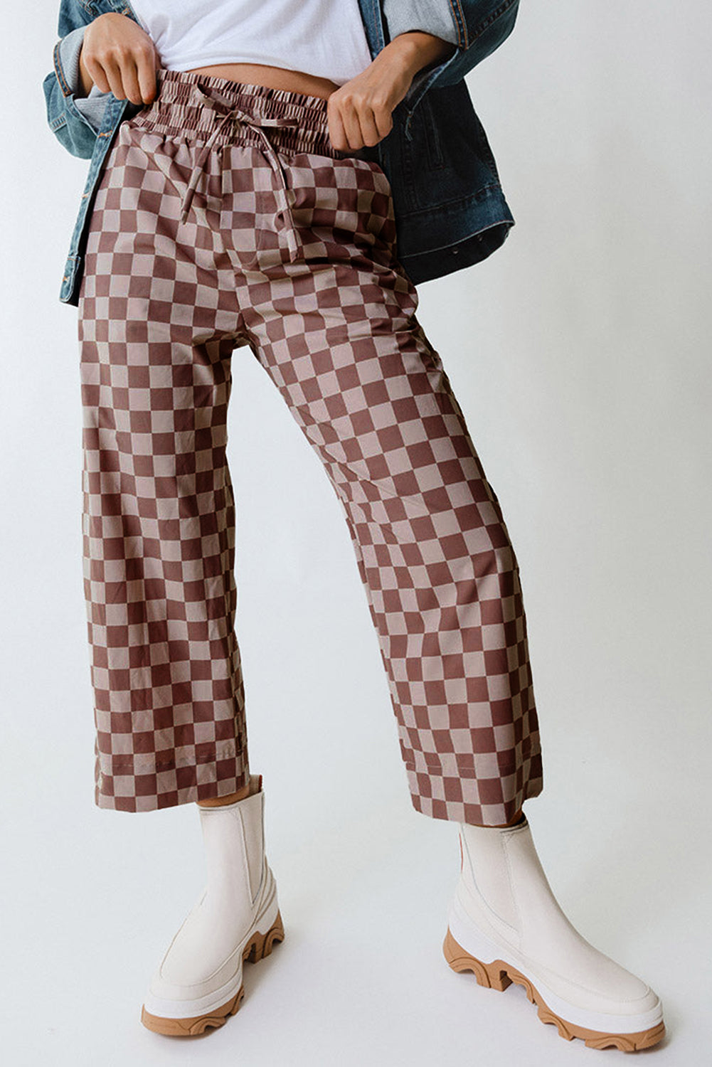 Checkered Elastic High Waist Loose Casual Trousers eAura
