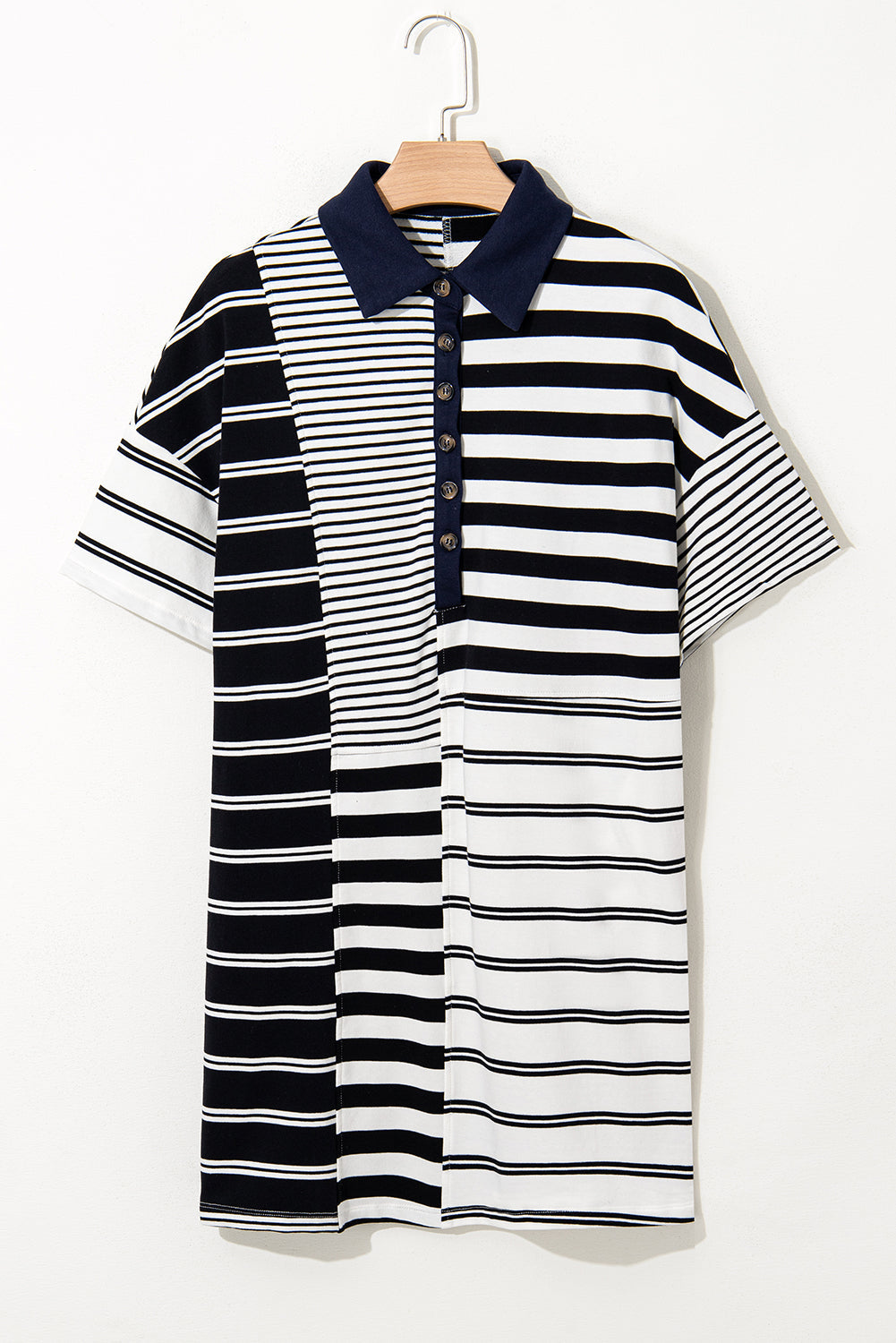 Black Stripe Half Placket Polo T Shirt Dress eAura
