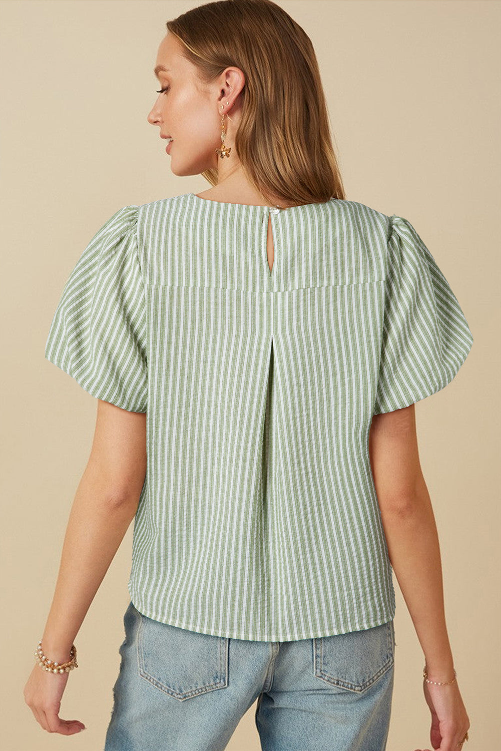 Green Stripe Textured Round Neck Short Puff Sleeve Blouse eAura