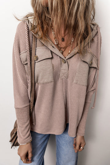 Dark Brown Flap Pocket Patchwork Ribbed Drawstring Hoodie eAura