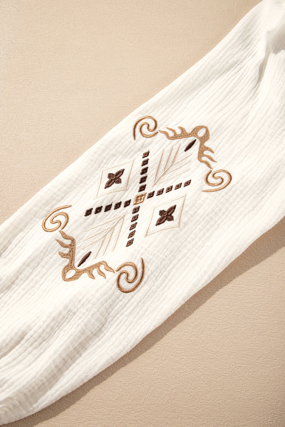 White Embroidered Textured Buttoned Crew Neck Shirt eAura