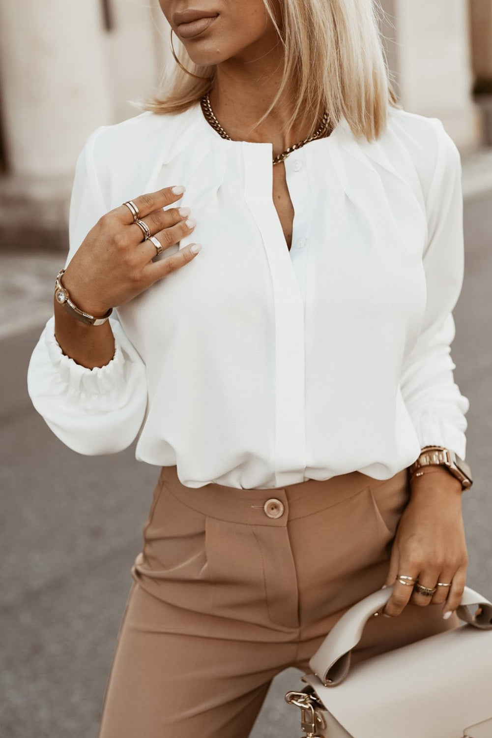 Khaki Crew Neck Gathered Stretch Cuff Shirt eAura