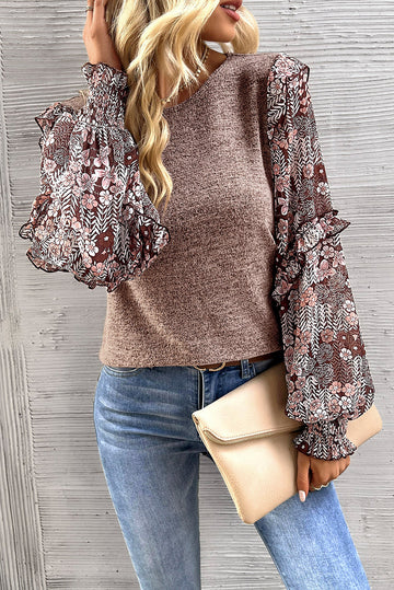 Pale Chestnut Ruffle Tiered Floral Sleeve Crew Neck Blouse eAura