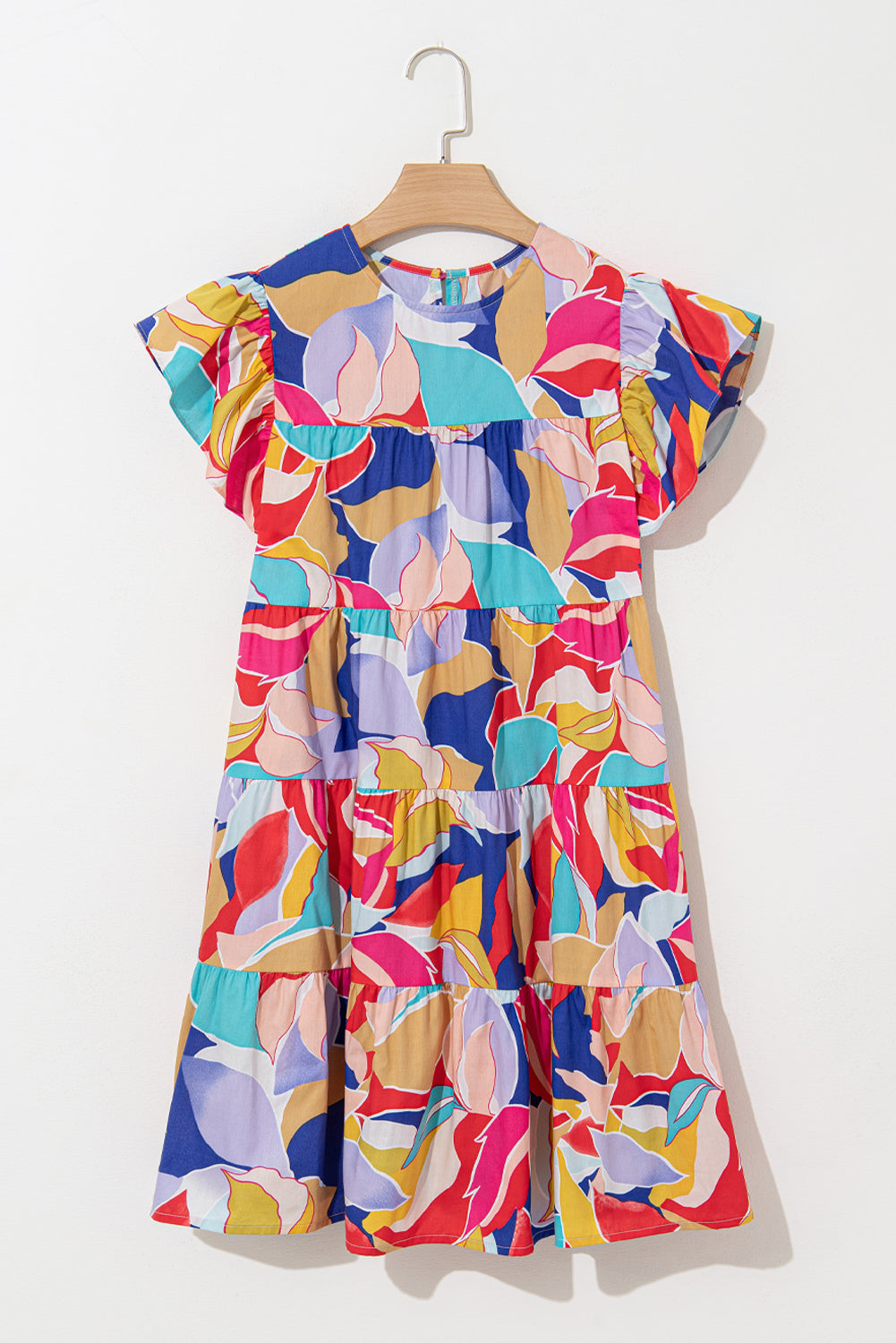 Pink Abstract Printed Ruffled Flutter Sleeve Tiered Mini Dress eAura