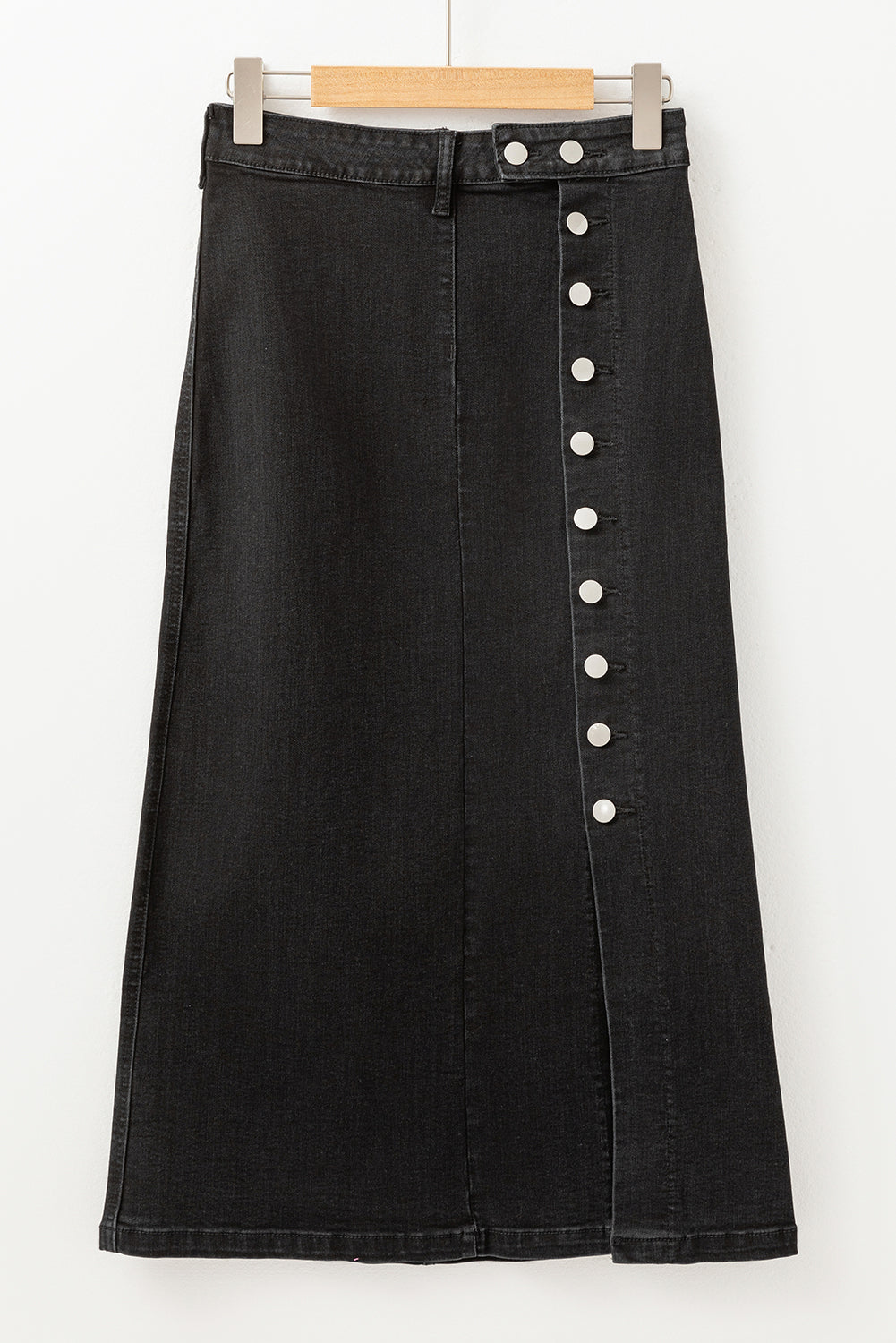 Black Button Fly Side Split High Waist Denim Midi Skirt eAura