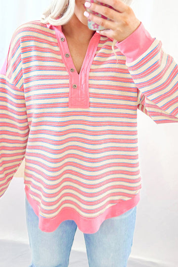 Pink Stripe Buttoned V Neck Collared Drop Shoulder Top BB Fashion Outlet