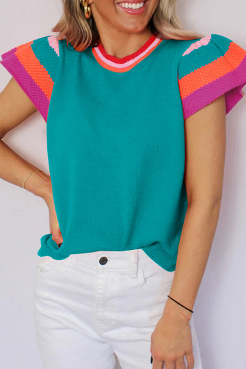 Turquoise Contrast Flutter Sleeves Knitted Sweater T Shirt eAura