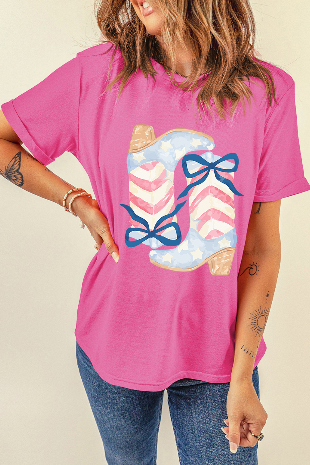 Sachet Pink Flag Pattern Boots Bow Accent Casual Graphic Tee eAura