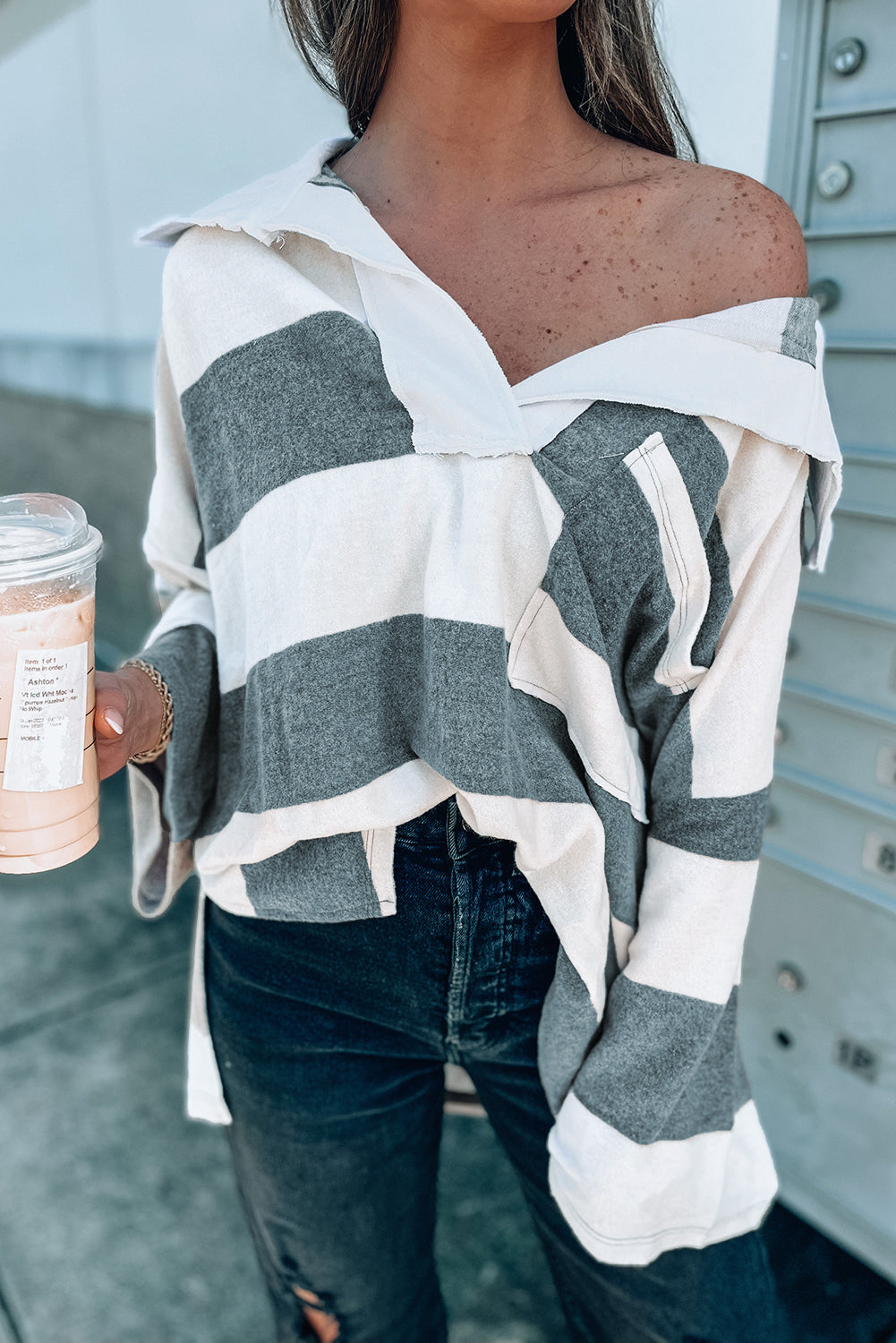 Stripe Oversized Collared Long Sleeve Top eAura