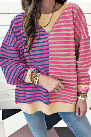 Pink Stripe Casual Stripe Colourblock Drop Shoulder Oversize Sweatshirt eAura