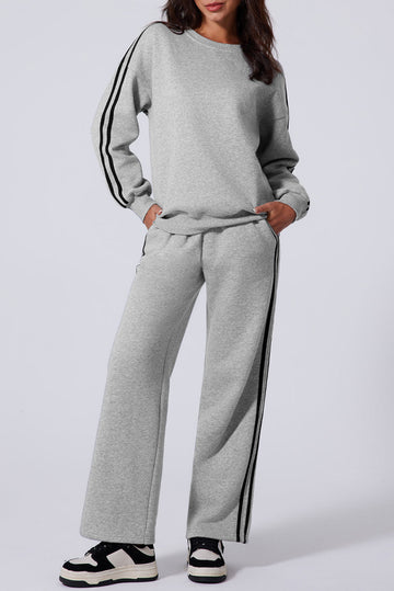 Light Grey Solid Colour Side Striped Sweatshirt Active Set Beagle Boutique Fashion Outlet