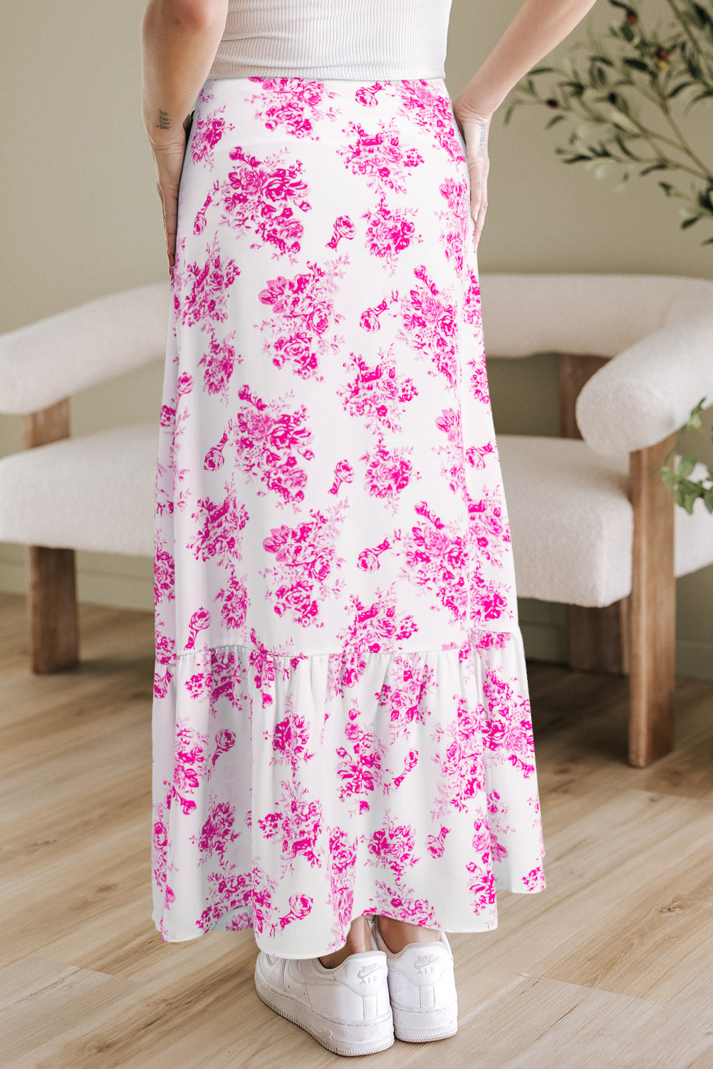Rose Boho Floral High Waist Ruffle Split Maxi Skirt eAura