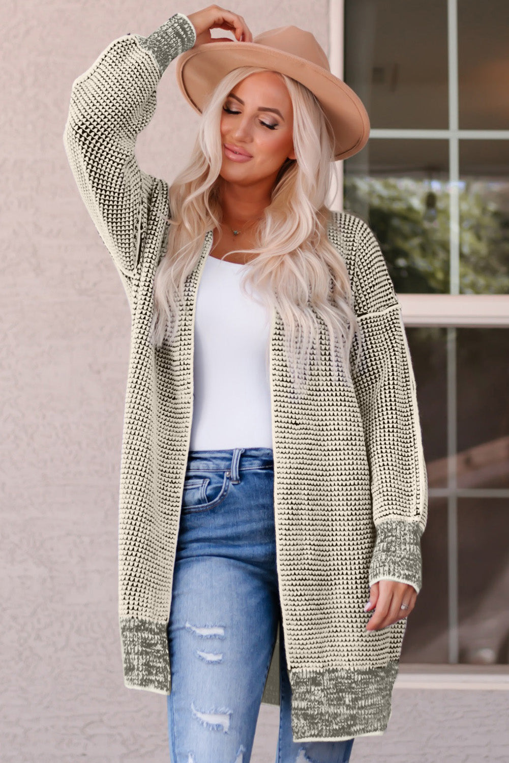 Apricot Plaid Knitted Long Open Front Cardigan eAura