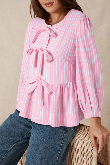 Pink Stripe Bowknot Front Crew Neck Puff Sleeve Blouse eAura
