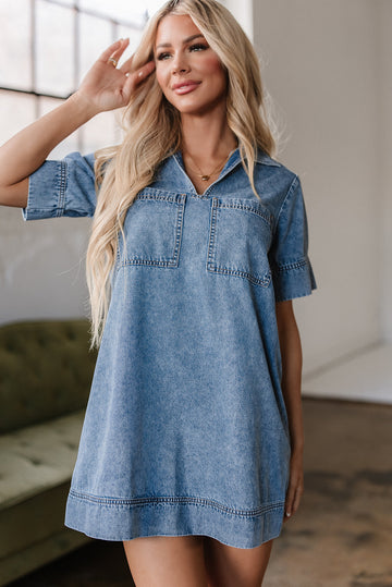 Beau Blue Short Sleeve Collared Patched Pocket Denim Mini Dress BB Fashion Outlet