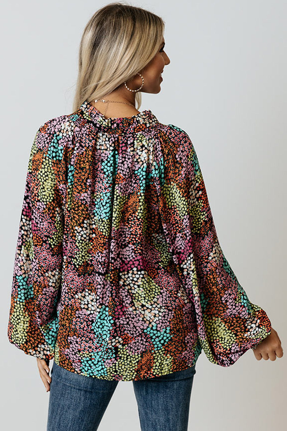 MultiColour Vibrant Floral Tie V Neck Puff Sleeve Blouse eAura
