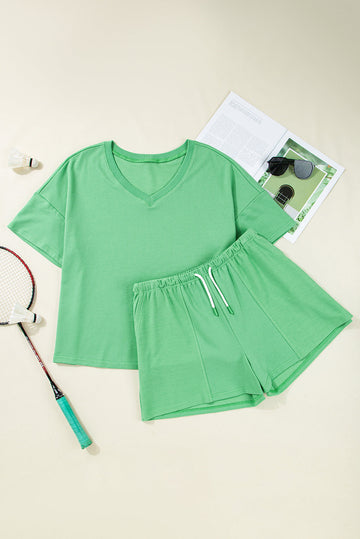 Green Plus Size V-Neck Tee Patched Pocket Drawstring Shorts Set BB Fashion Outlet