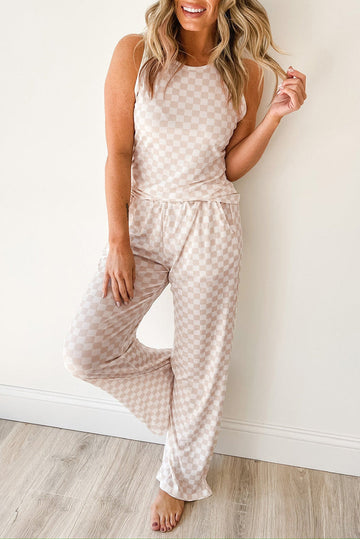 White Ribbed Texture Checkered Print 2pcs Tank and Trouser Co-ord Set eAura