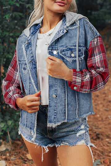 Beau Blue Plaid Print Patchwork Hooded Raw Hem Denim Jacket Beagle Boutique Fashion Outlet