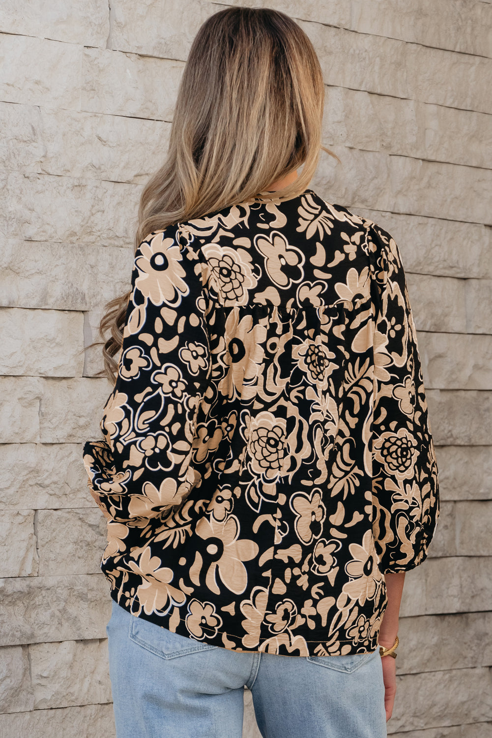 Black Floral Shirred Yoke Bracelet Sleeve Split Neck Boho Blouse eAura