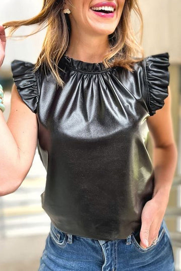 Black PU Leather Frilly Ruffle Trim Blouse eAura
