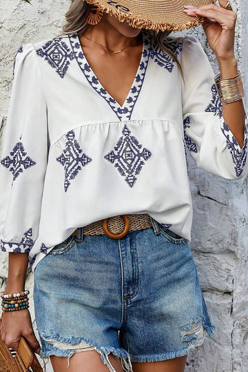 White Boho Geometric Print Bracelet Sleeve V Neck Blouse eAura