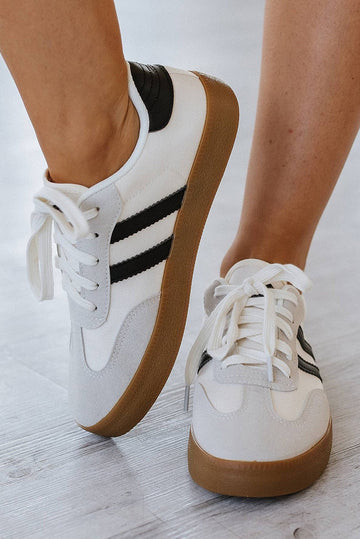 White Striped Lace-up Flat Trainers BB Fashion Outlet