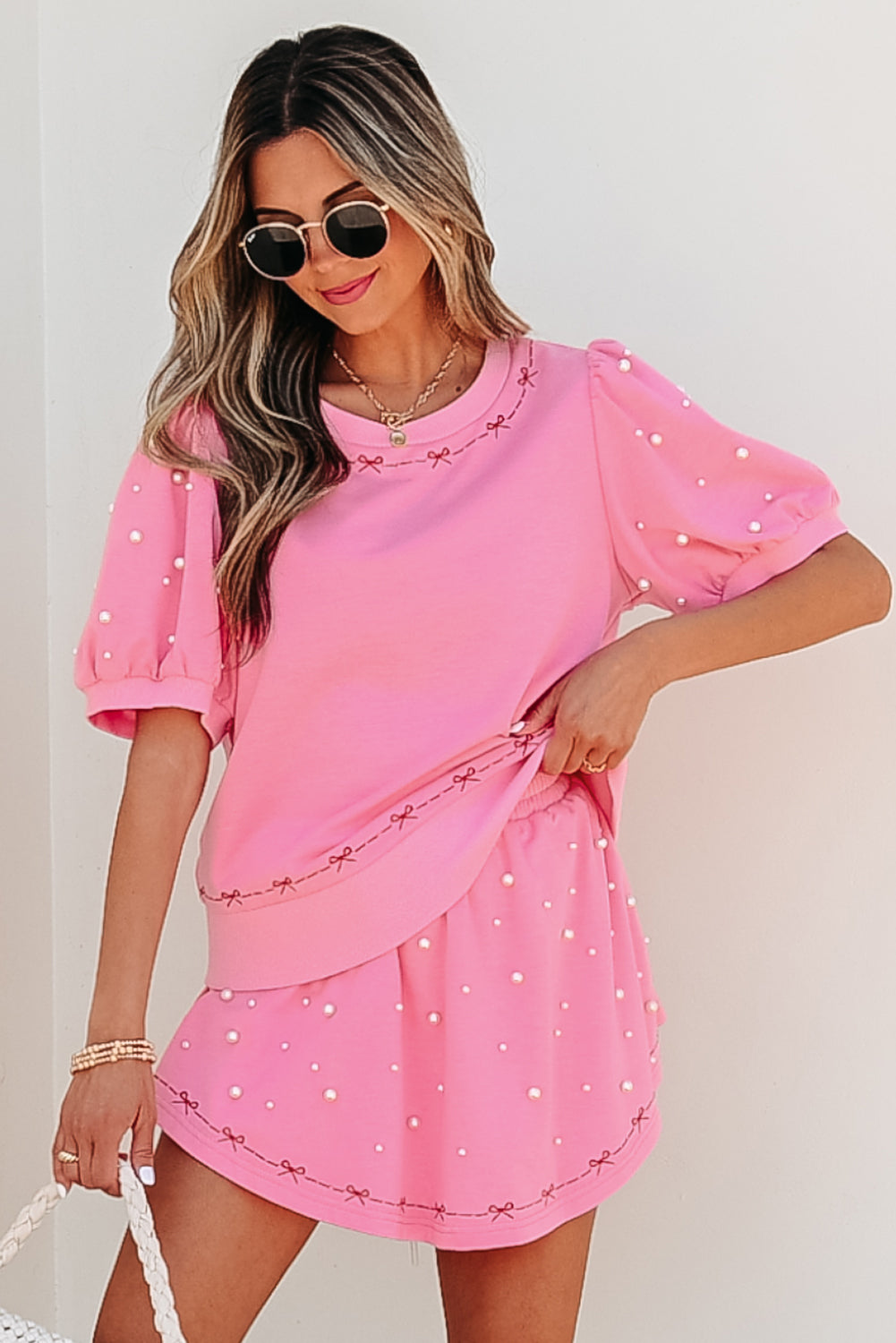 Pink Contrast Bow Trim Pearl Puff Sleeve Top and Skort Co-ord eAura