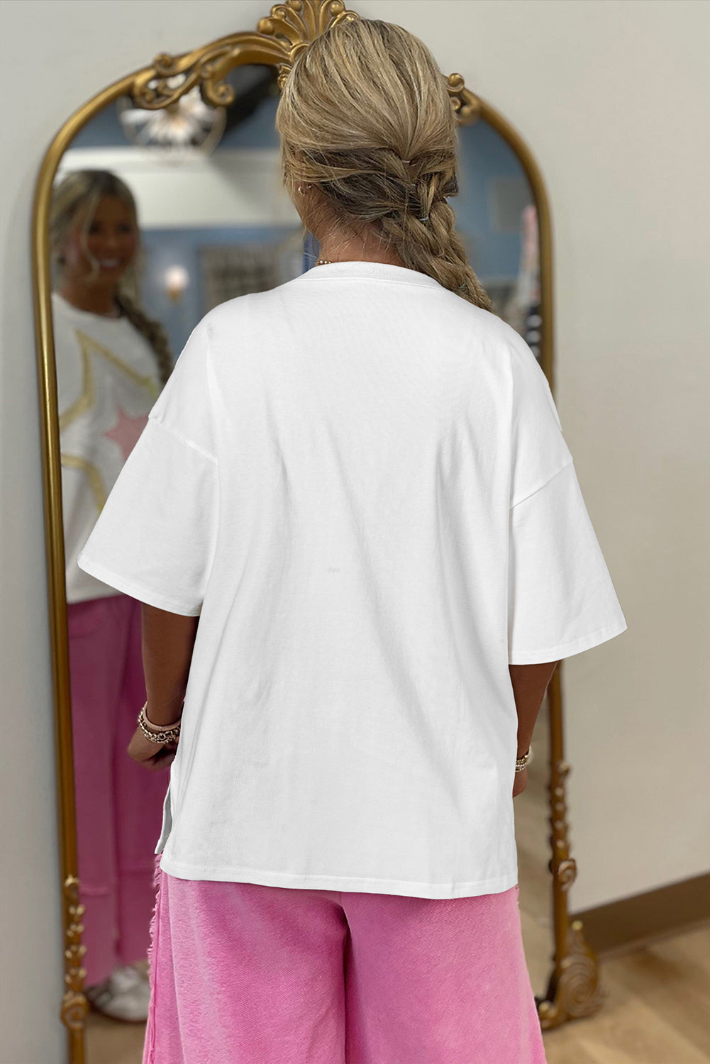 White Star Layered Patched Graphic Drop Shoulder Half Sleeve Loose Tee eAura