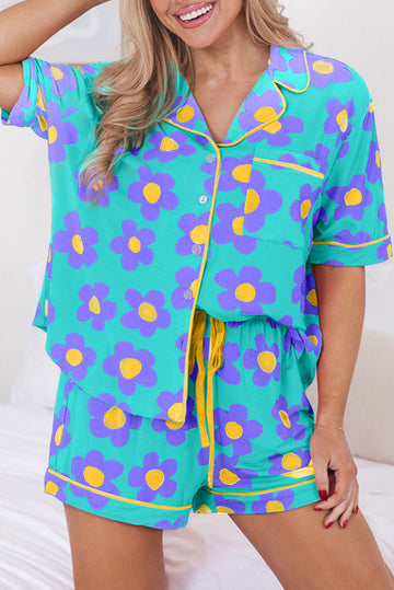 Green Flower Print Short Sleeve Shirt Pyjamas Set eAura
