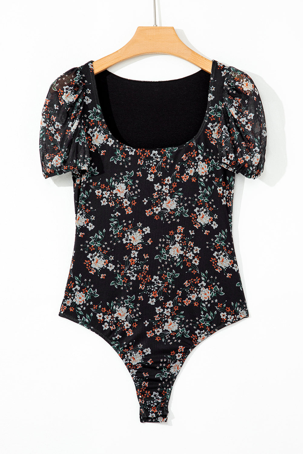Black Floral Print U Neck Short Puff Sleeve Bodysuit eAura